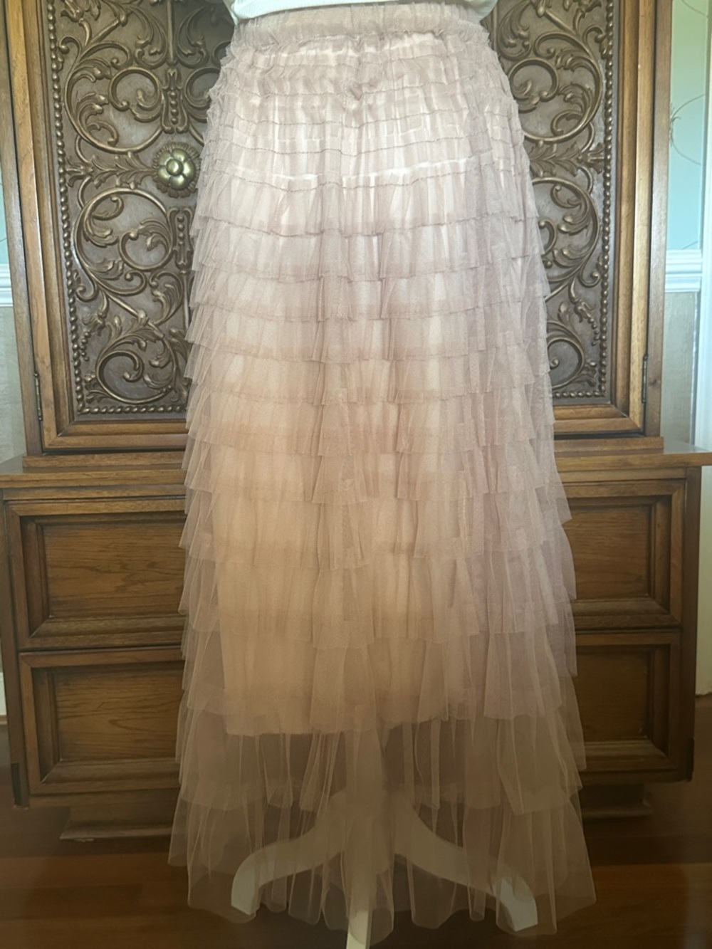 💗 Boho Layered Ruffle Tulle Maxi Skirt Ecru NWOT Cottagecore